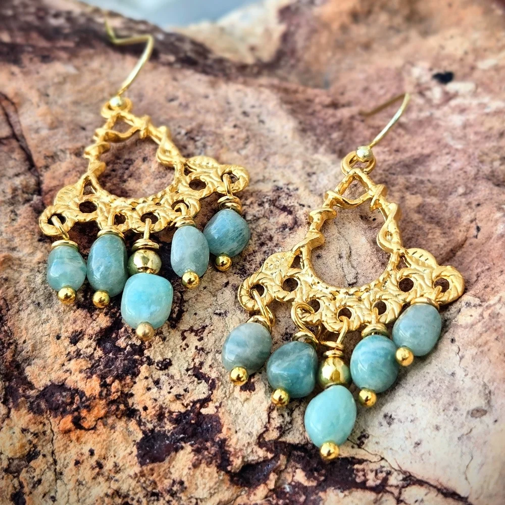 Amazon's Stone Of Hope  Amazonite In Mystical Filligree Gold Plated Earrings